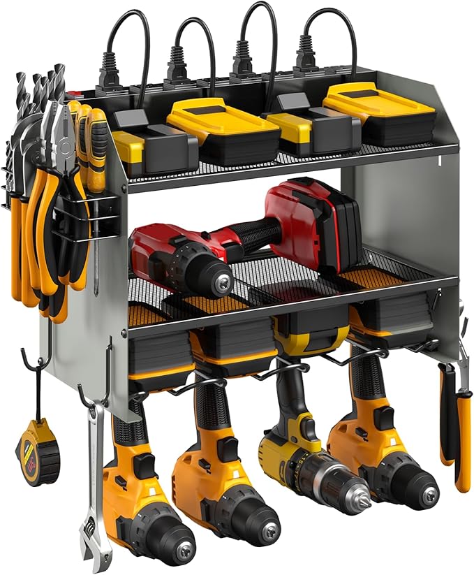 CCCEI Modular Power Tool Organizer Wall Mount with Charging Station. Garage Drill Storage Shelf with Hooks, Heavy Duty Rack, Tool Battery Holder Built in 8 Outlet. Gift for Men. Grey, 1 Pack.
