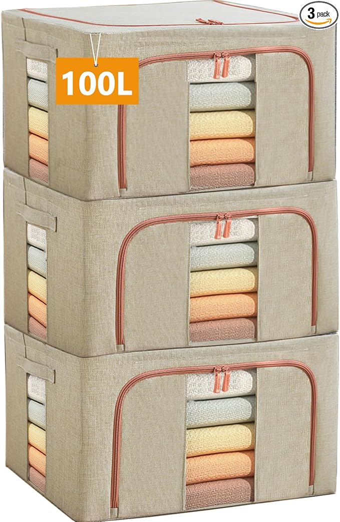 100L Large Storage Bags,Linen Stackable Clothes Storage Bins with Hold Shape Metal Frame,2 Opening Ways Fabric Visible Lidded Foldable Closet Organizers for Seasonal Clothing,Bedding (3, 100L)