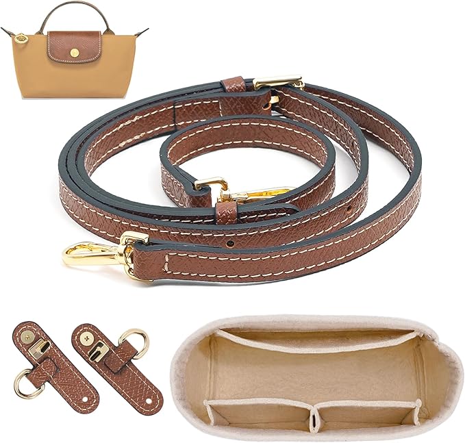 2 Kit Mini Bag Leather Shoulder Strap and Felt Purse Organizer Insert for Longchamp mini XS Bag Punch-Free Adjustable Buckle Designï¼Beige & Strapï¼