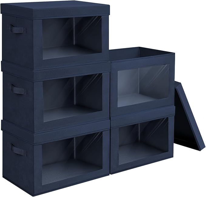 Stackable Storage Bins with Lids - Large Decorative Basket with Lids, Fabric Foldable Closet Organizer Bins, Shelf Organizer for Living Room, Dorm, 5 Pack, Navy Blue