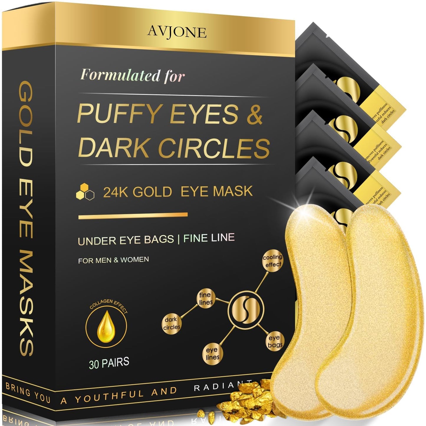 AVJONE 24K Gold Eye Mask -30 Pairs- Puffy Eyes and Dark Circles Treatments â Relieve Pressure and Reduce Wrinkles, Revitalize and Refresh Your Skin (30 Pairs)