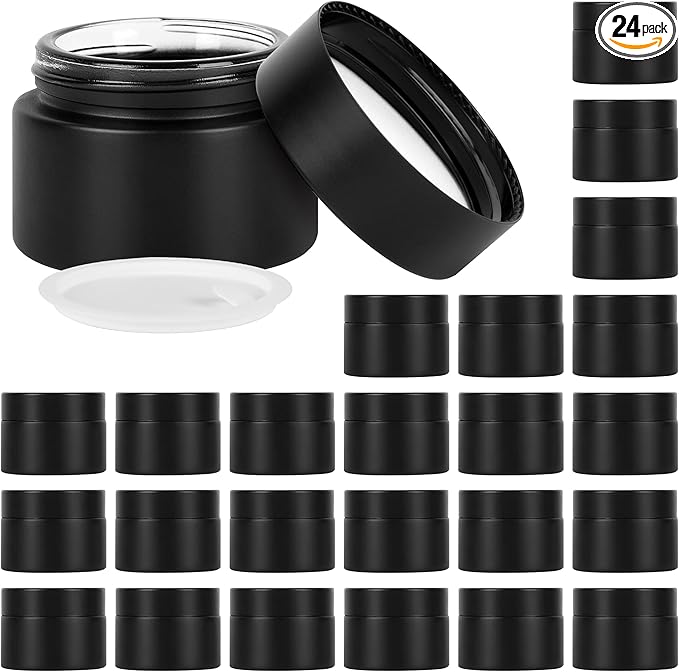 1 oz Glass Jars with Lids, Empty Cosmetic Jars, Airtight Containers with Inner Seal for Creams, Balms, Ointments, DIY Crafts, Salves (24 Pack, Black Frosted)