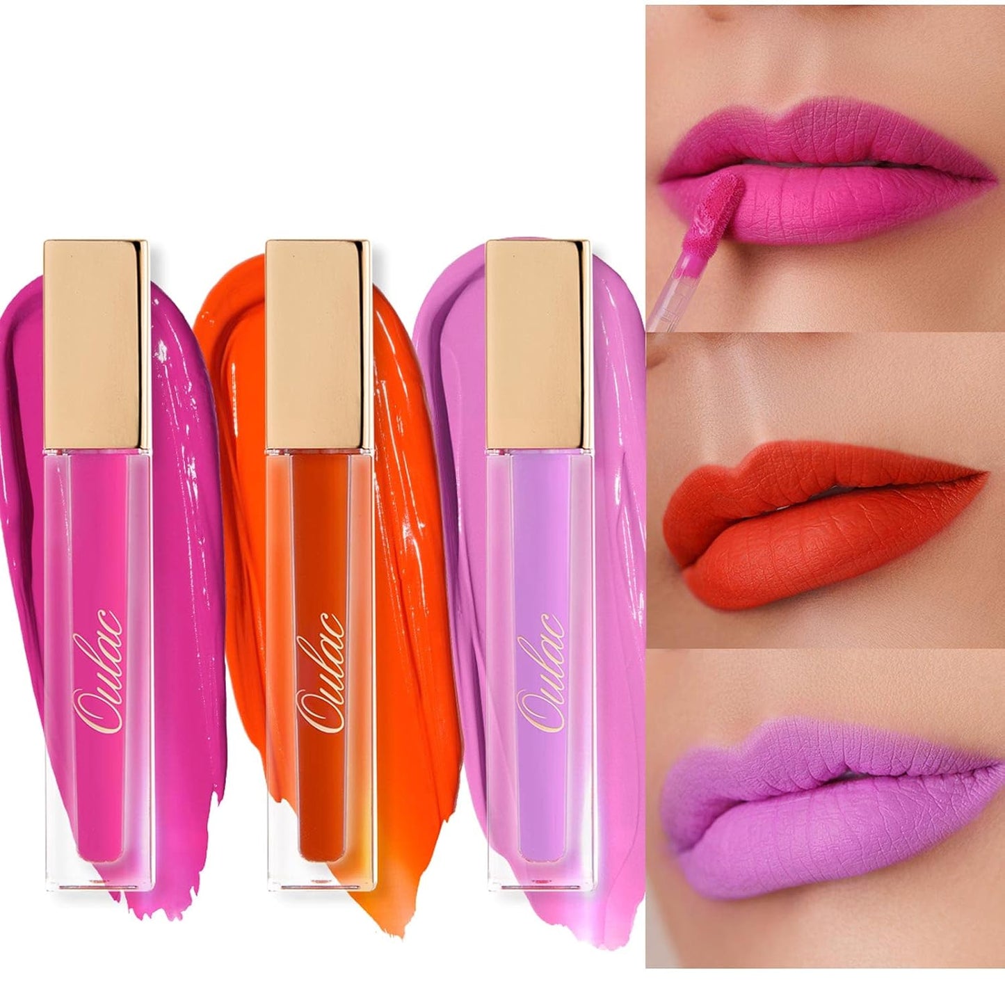 Oulac Pink Matte Lipstick Set for Womenï¼Purple, Orange Lip Stain Long Lasting Waterproof, No Transfer, Creamy High Pigmented Formula with Rose Oil, Vegan & Cruelty-Free (M06+M07+M14)