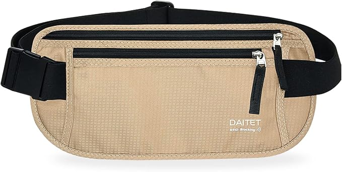 RFID Blocking Money Belt for Men Women, Slim Fanny Pack For Travelï¼Running,Conceal Waist Wallet For Passport Holder,Phone,Cash(Black Beige), Black Beige