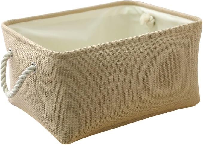 TheWarmHome Decorative Basket Rectangular Small Storage Basket Fabric Storage Bin Organizer Basket with Handles for Clothes Storage (Beige, 11.8LÃ7.9WÃ5.2H inch)