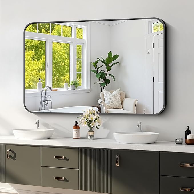 Koonmi Black Framed Bathroom Mirror - 30x48 Inch Shatterproof Tempered Glass Vanity Mirror for Bathroom Sink, Wall Mounted with Matte Aluminum Alloy Frame, No Distortion, Modern Decor