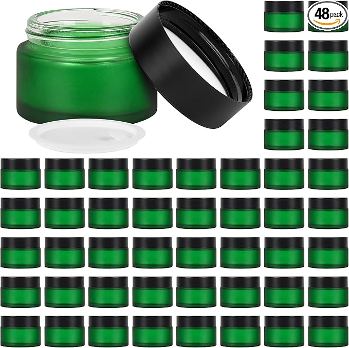 1 oz Glass Jars with Lids, Empty Cosmetic Jars, Airtight Containers with Inner Seal for Creams, Balms, Ointments, DIY Crafts, Salves (48 Pack, Green Frosted)