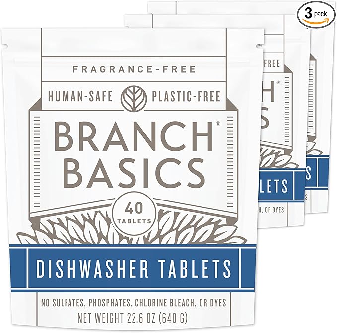 Branch Basics Dishwasher Tablets â 40 Ct, 3 Pack | Plastic-Free, Fragrance-Free, Human-Safe | Delivers a Powerful Clean Without Harsh Chemicals