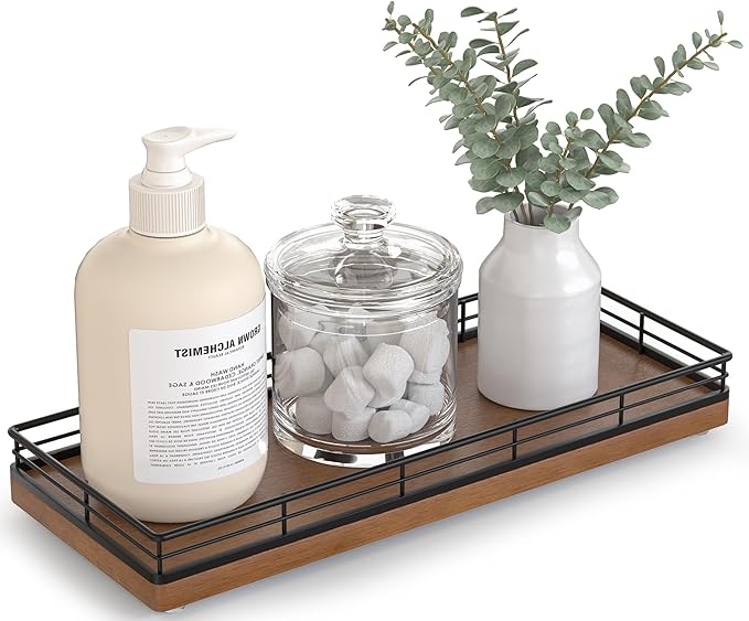 Bathroom Tray for Counter Top Organizer â Oak Wood Vanity Tray with Metal Frame for Dresser, Kitchen, Nightstand â Black & Brown Decorative Storage