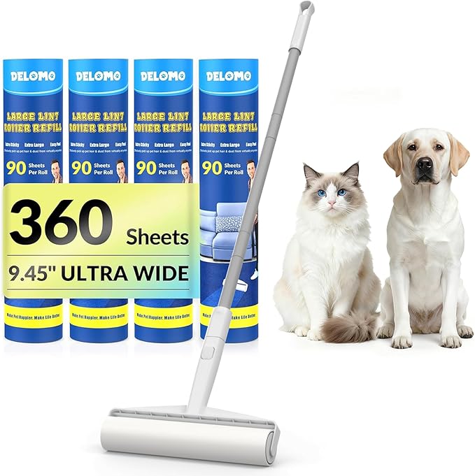 Large Lint Roller for Floors Carpet Furniture Bed â 9.45" Wide Extra Sticky Pet Hair Remover, 4 Refills 360 Sheets Value Pack, Long Handle for No-Bending Cleaning âIdeal for Dog Cat Owners Homes
