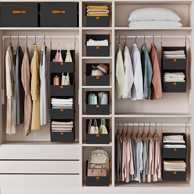 Hanging Closet Organizer 4 Tier - Clothes Hanging Shelves, Space-Saving Closet System, Fabric Storage Bins Bedroom Organization, Collapsible Baskets for Home, Dorm, Rv, Black