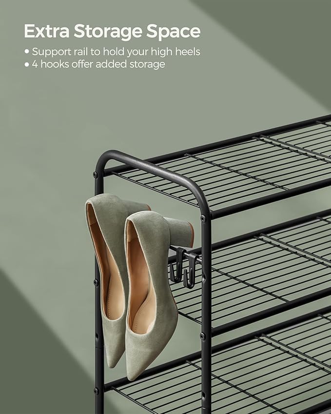 SONGMICS Shoe Rack, 3-Tier Shoe Organizer, Metal Shoe Shelf Storage with 4 Side Hooks, Holds 12 Pairs of Shoes, Height-Adjustable Shoe Rack for Entryway, Hallway, Closet, Ink Black ULMR068B01