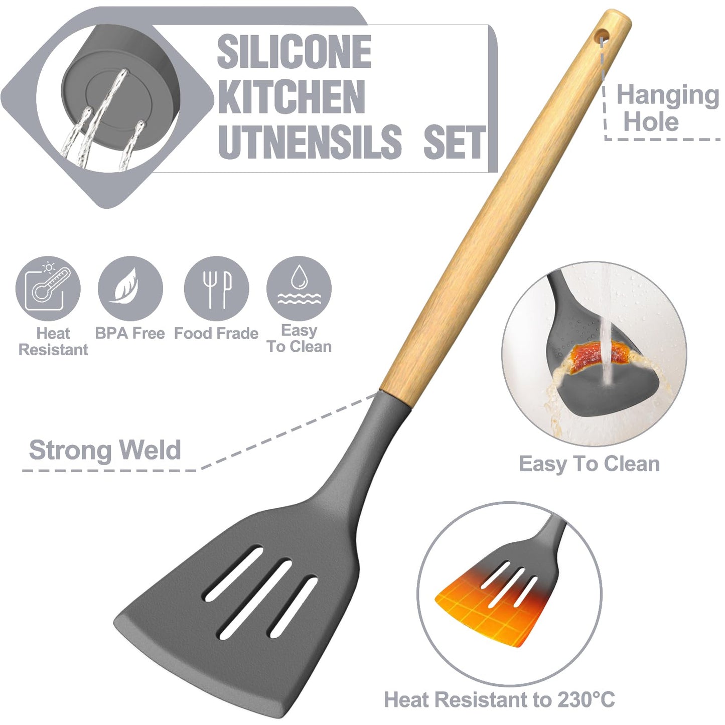 Umite Chef Silicone Kitchen Utensil Set, 34PCS Heat Resistant Kitchen Gadgets and Tools With Grater, Wood Handles for Nonstick Cookware (Dark Gray)