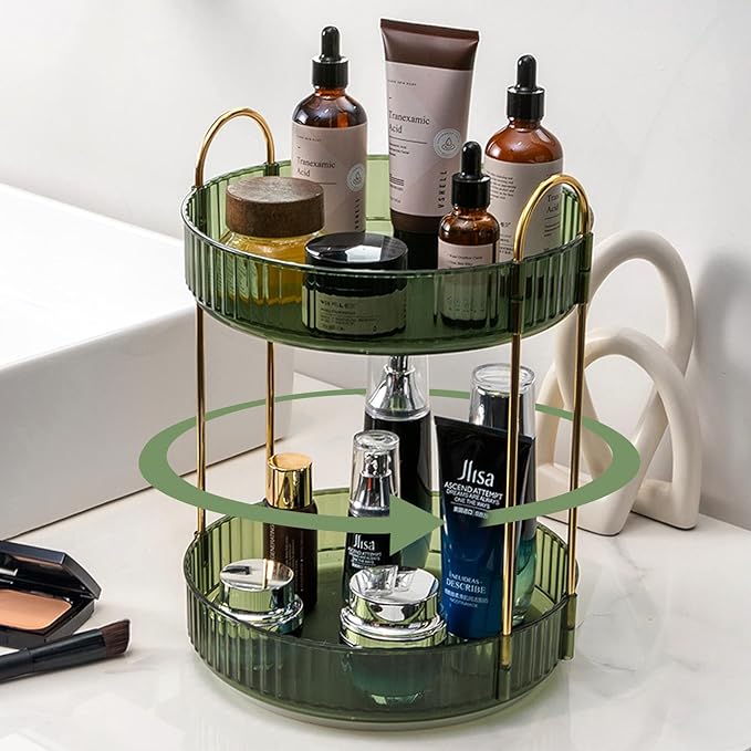 Rotating Makeup Organizer for Vanity, High-Capacity Skincare Make Up Storage Perfume Organizers Cosmetic Dresser Organizer Countertop 360 Spinning (Green, 3 Tier)