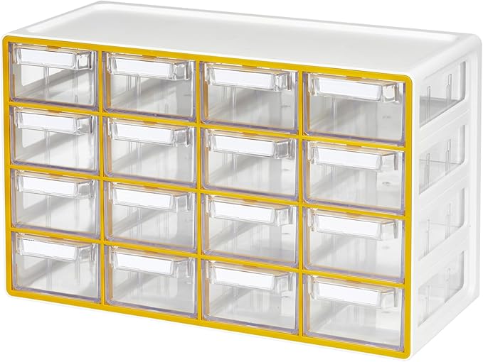 Blue Ginkgo Medium 16-Drawer Cabinet â Stackable Clear Organizer for Hardware, Beads, Plastic Bricks, Office, and Craft Storage (Made in Korea, Yellow)