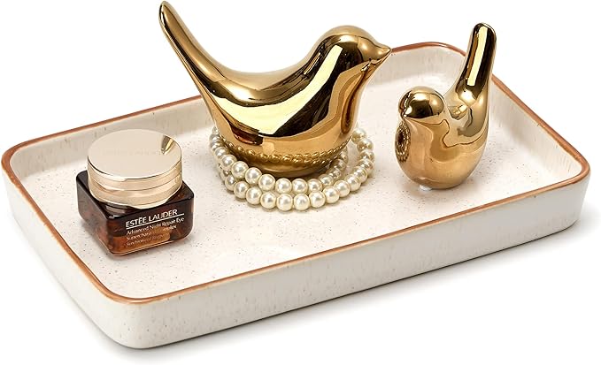 10"Ã6"Ã1" Bathroom Vanity Tray for Countertop- Ceramic Decorative Organizer Tray for Dresser Tops, Toilet, Perfume, Sponge Holder Soap Dish Dispenser for Kitchen Counter- Reactive White