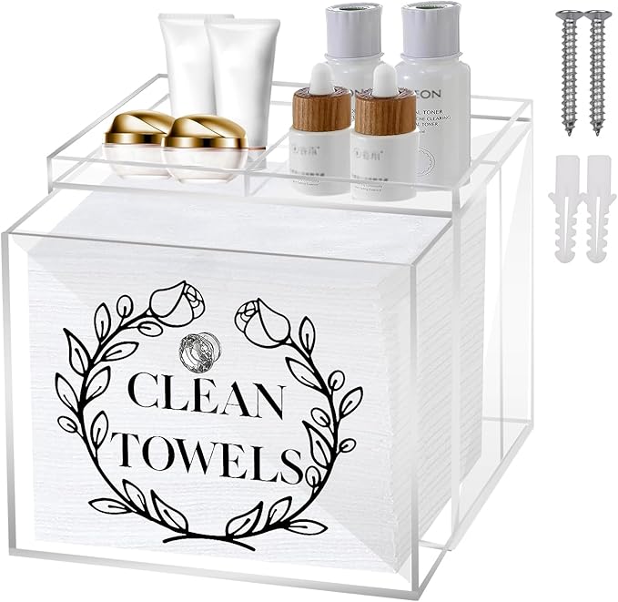 Disposable Face Towel Holder, Acrylic Storage Box for Clean Skin Club Face Towels, Laundry Sheet Holder, Dryer Sheet Holder, with Movable Dividers and Small Diamond Handles Acrylic Towel Container Box