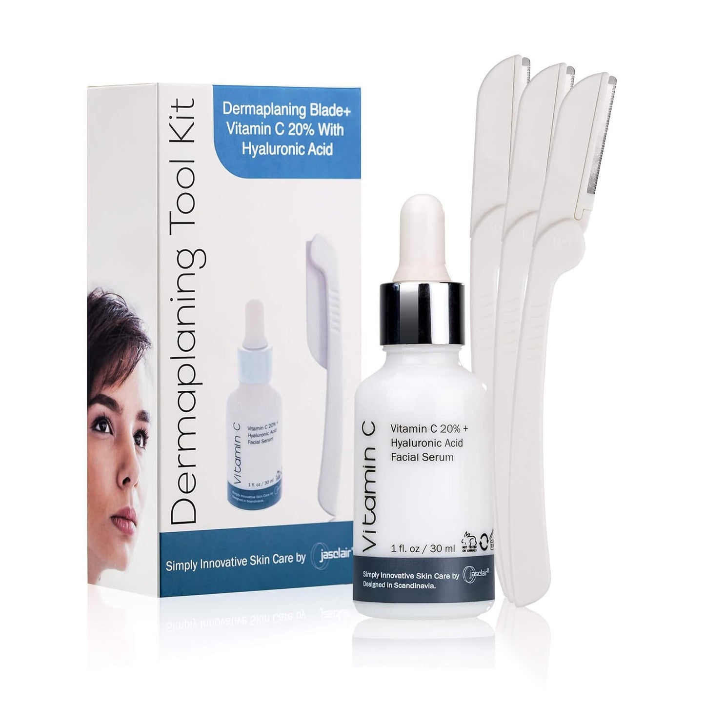 Dermaplaning Tool â Practical Eyebrow, Face and Peach Fuzz Hair Removal Razors for Women - With Vitamin C Facial Serum - 3 Pack Dermaplane Razor Blades