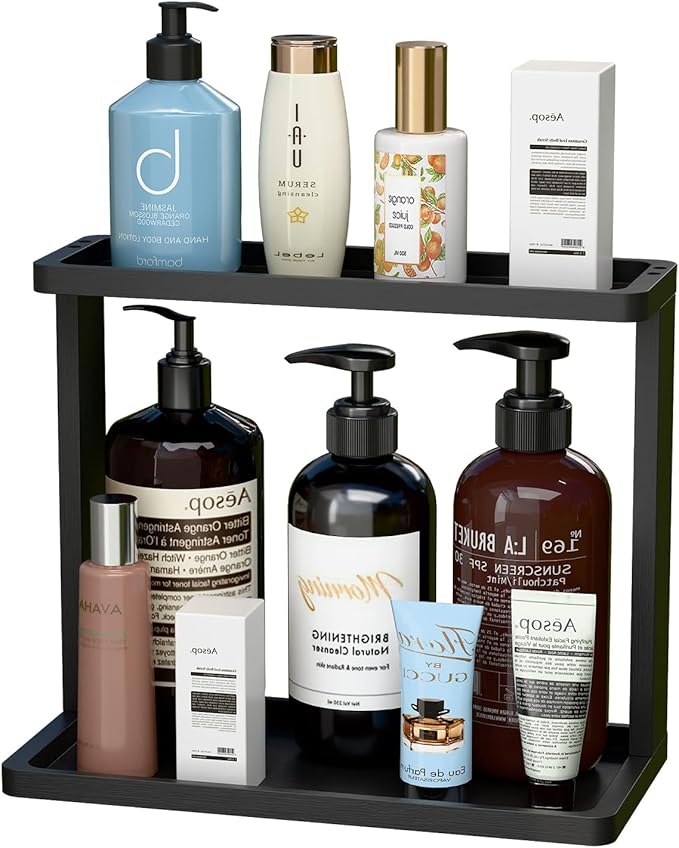 PEKER Bamboo Bathroom Organizer Countertop â Small Vanity Storage Shelf for Makeup, Perfume, Skincare â Natural Cosmetics Display Rack for Dresser, Sink, Kitchen âBlack