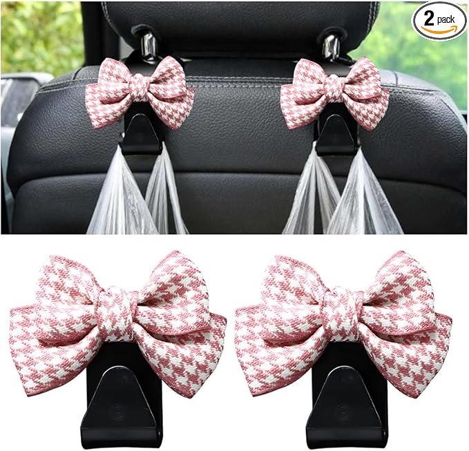 Mandark 2PCS Car Seat Headrest Hooks, Cute Bow Vehicle Hooks for Purses and Bags, Automotive Purse Hook Hanger Interior Decoration Accessories, Universal for SUV, Sedan, Truck (Pink/Small)