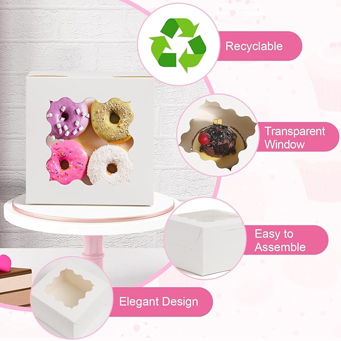 26pcs White Cookie Boxes with Window, 4x4x2.5 Inches Small Bakery Boxes with 36pcs Stickers, for Mini Cake Cookies Treat Dessert Pastry Donuts Macaroon Strawberries Chocolate Cupcakes Candy