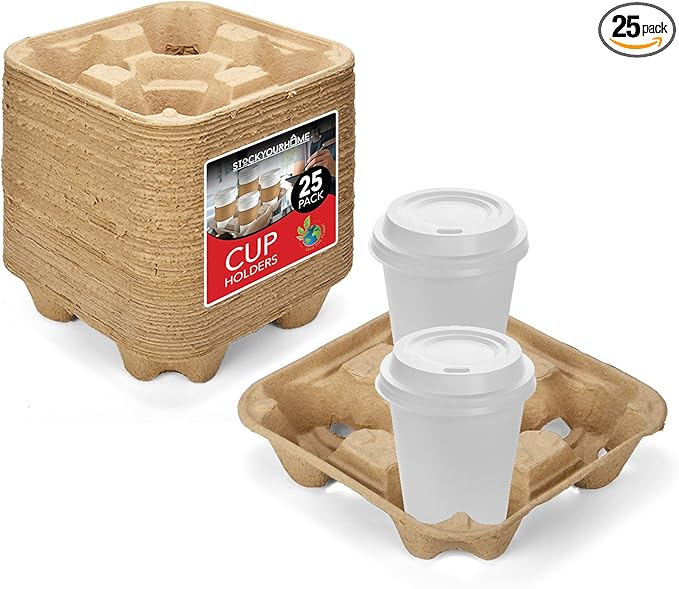 4 Cup Disposable Coffee Tray (25 Count) - Commercially Compostable Cup Holder - Durable Drink Carrier for Hot or Cold Drinks, Uber Eats - to Go Coffee Cup Holder for Food Delivery Service