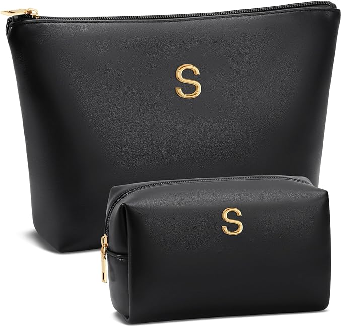 Valentine's Day Gifts for Women Girlfriend Initial Makeup Bag for Teen Girls Personalized Gifts for Friend Teacher Mom Wife Cosmetic Travel Toiletry Bag(Black,S)