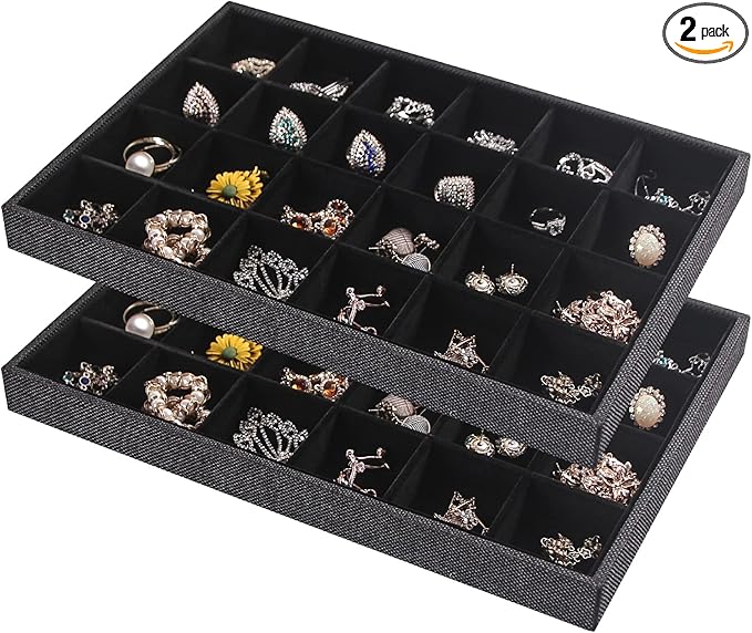 Julysky 2 Pack 24 Grids Jewelry Organizer Trays Ring Earring Display Stand for Selling, Black Velvet Necklace Holder Box Bracelet Case