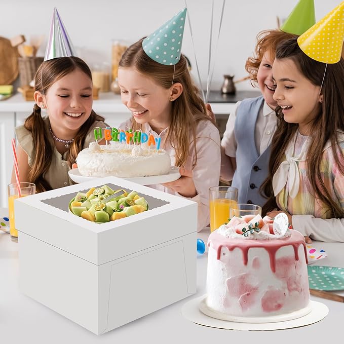 2 Pack Cake Boxes, 12x12x8 Inches Tall Cake Box with Cake Boards, White Bakery Boxes with Large Window, Disposable Cakes Transport Containers with Lids, for Cookies, Pies, Wedding, Birthday