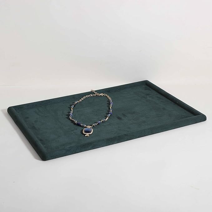 Rectangle Jewelry storage organizer plate, Velvet Jewerly display tray, Empty showcase tray for Necklace Bracelet Ring EarringãGreen-Large, 17.7 x 11.8 in ã