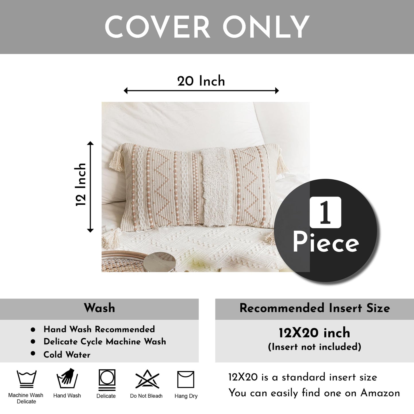 BlissBlush Decorative Lumbar Throw Pillow Cover 12x20 Cream Neutral White Rectangular Boho Accent Pillowcase Farmhouse Cushion for Couch Sofa Bedroom Living Home Décor (Cover ONLY, Pack of 1)