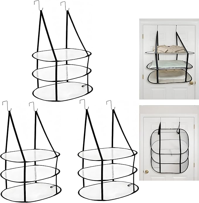 SAMJANE Sweater Drying Rack Hanging â Lay-Flat Warp-Knit Airflow Mesh for Delicates, 3-Tier Foldable Space-Saving Door-Hanging Design for Fast Drying & No Deformation in Small Spaces (Black - 3 Pack)