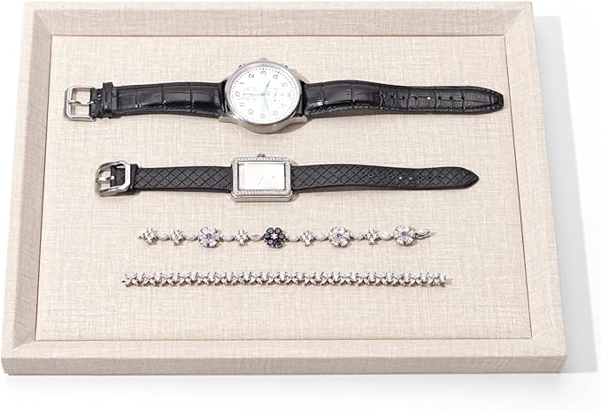 Medium Drawer Jewelry Organizer Tray - Beige PU Leather Catchall Tray for Dresser & Nightstand (11.81"x9.05") | Jewelry Display Tray Holder for Rings, Watches, Necklaces