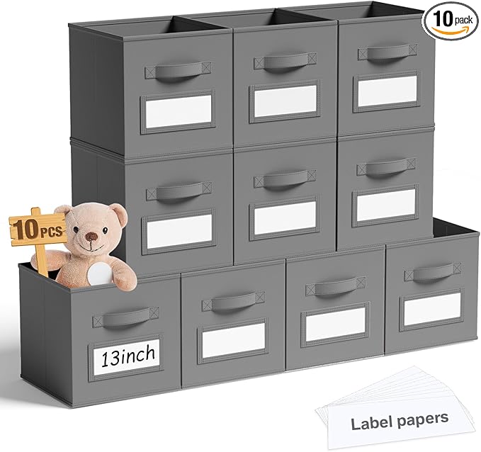 10 Pcs Fabric Storage Cubes with Labels 13 Inch Collapsible Cube Organizer Baskets with Window Cards for Shelf Nursery Clothes Book Toys Storage Bin(Gray)
