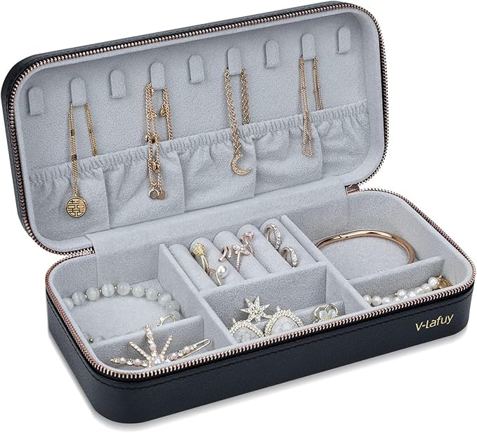 Travel Jewelry Case Organizer, Portable Jewellery Box for Women Jewelry Travel Organizer for Rings Earrings Necklaces Bracelets Watch, Black C