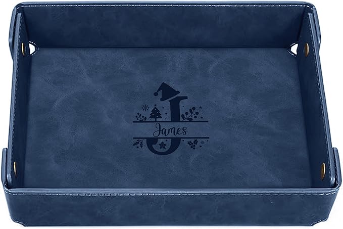 Engraved Christmas Blue Leather Valet Tray â Personalized Rectangle Catchall Organizer for Wallet, Keys, and Jewelry â Gift for Men, Dad, Couples â Dresser Top or Coffee Table Tray Decor