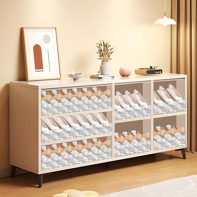 Shoe Slots Organizer,16 Pack Transparent Shoe Stacker Adjustable Shoe Slot Organizer Space Saver Shoe Rack Holder Shoes Storage Organizers for Closet,Transparent