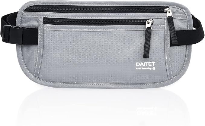 RFID Blocking Money Belt for Men Women, Slim Fanny Pack for Travelï¼Running,Conceal Waist Wallet for Passport Holder,Phone,Cash(Light Grey)