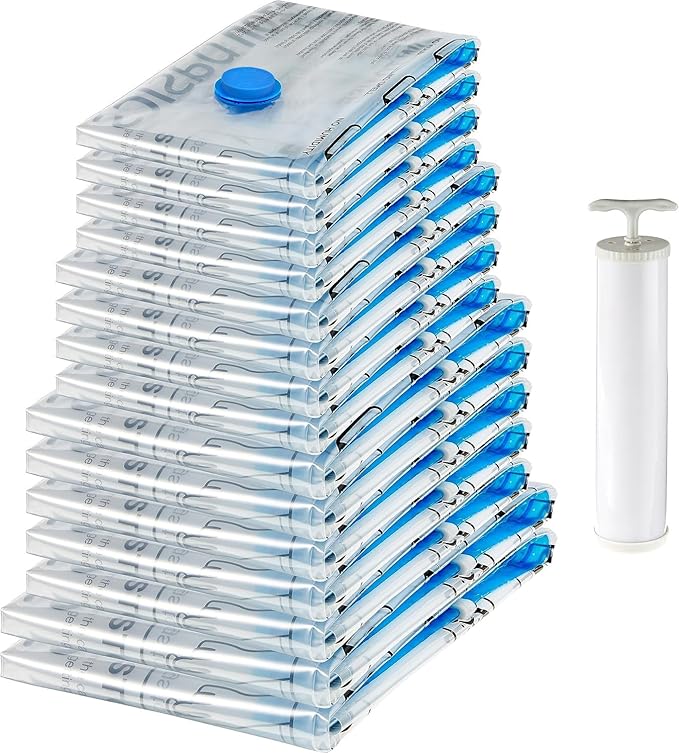 Amazon Basics Vacuum Compression Space Saving Storage Bags with Hand Pump for Clothes Packing, Pack of 15, Multiple Sizes, White