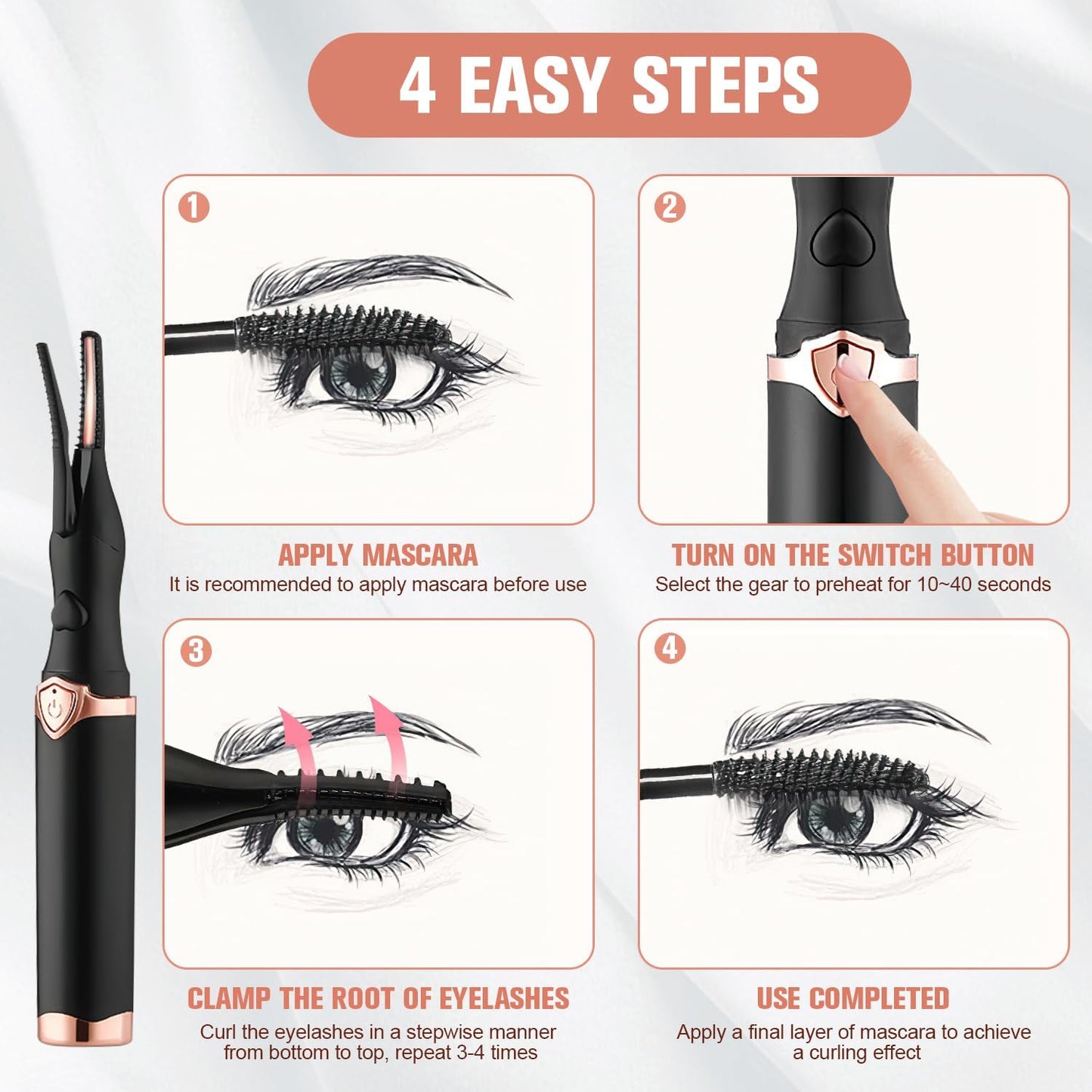 Heated Eyelash Curler, 2 in 1 Clip-Type Design, USB Rechargeable Electric Eyelash Curler, 3 Heat Modes, Natural Curling 24 Hours Long Lasting, Beauty Tools for Women (White)