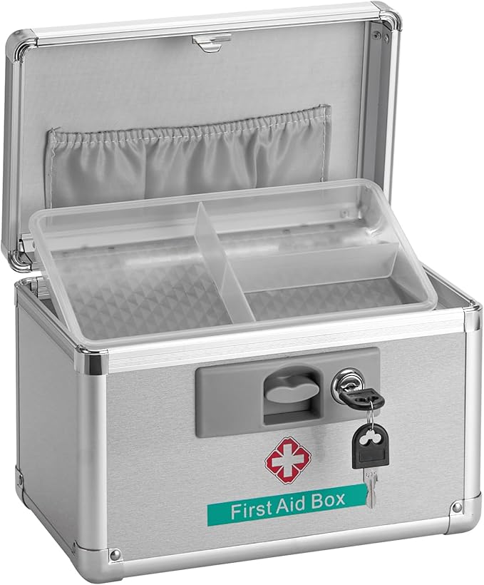 Metal Medicine Storage Box with Key, 10 x 6 x 6.7â First Aid Box Lock For Medication, Smell Proof Box Empty Organizer for Home, Dorm, Office