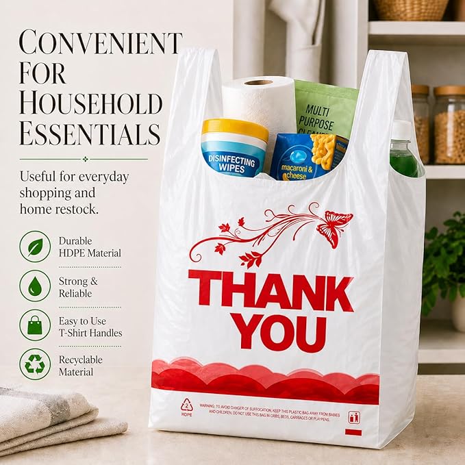 YoYoRain 1000PCS White “Thank You” T-Shirt Bags – Reusable & Disposable Grocery and Supermarket Shopping Bags, 11"x6"x21"