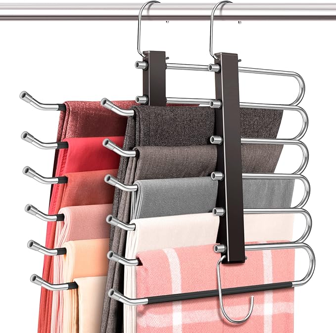 Space Saving 6 Tier Pant Hangers, Anti-Slip, Stainless Steel, 2 Pack, Black