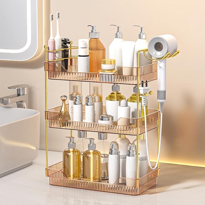 Bathroom Counter Organizer with Hair Dryer Holder and Toothbrush Holder, Acrylic Vanity Tray for Skincare, Perfume, Makeup Storage on Countertop ï¼ Dresser (Amber, 3-Tier)
