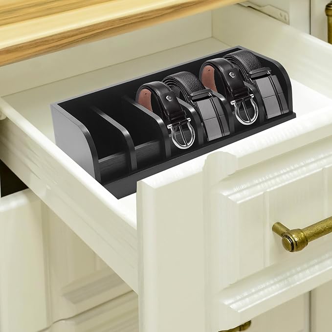 2 Pack Belt Organizer, 6 Compartment Bamboo Belt Organizer for Closet and Drawer, Display Case for Tie and Belt, Belt Holder Storage for Men Women, Black
