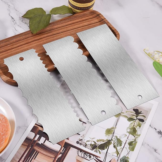 SenseYo 3 Pcs 9 Inch Stainless Steel Cream Cake Scraper Smoother Comb with Double Sides for Decorating Icing Mousse Butter