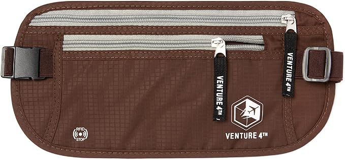 VENTURE 4TH Money Belt for Travel â Hidden Under-Clothes RFID Blocking Passport Holder & Slim Travel Wallet Pouch for Men & Women to Protect Cash, Cards & Documents (Brown)
