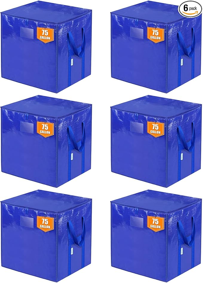 TICONN 6 Pack Extra Large Moving Bags with Zippers & Carrying Handles, Heavy-Duty Storage Tote Moving Boxes for Space Saving (6 PK, 75 Gallon)