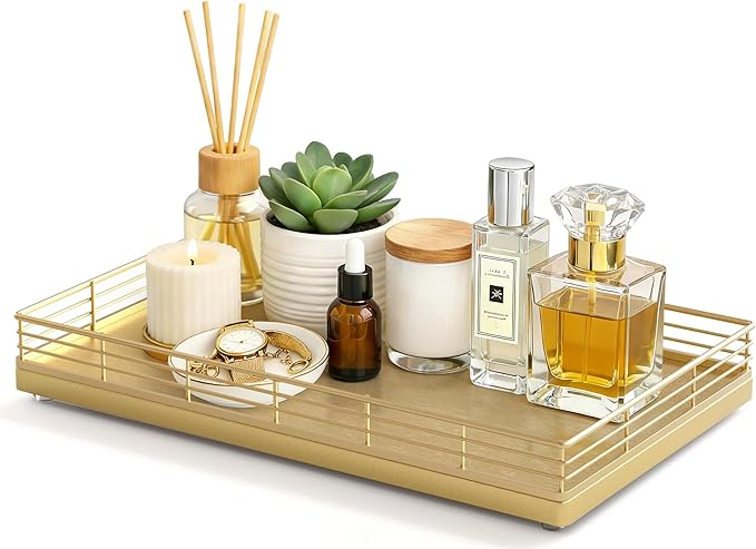 Large Bathroom Vanity Tray â 13" x 8" Oak Decorative Wooden Tray for Bathroom Countertop & Vanity Organizer, Rectangular Wood Tray for Perfume, Skincare, Storage, Vanity Dresser Counter Decor, Gold