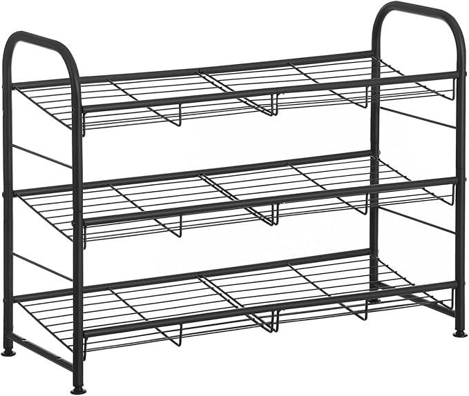 SONGMICS Shoe Rack, 3 Tier Shoe Organizer for Closet, Holds up to 12 Pairs of Shoes, Shoe Rack for Front Door Entrance, Metal Shoe Shelf with Adjustable Tilt Angle, for Entryway, Garage, Black